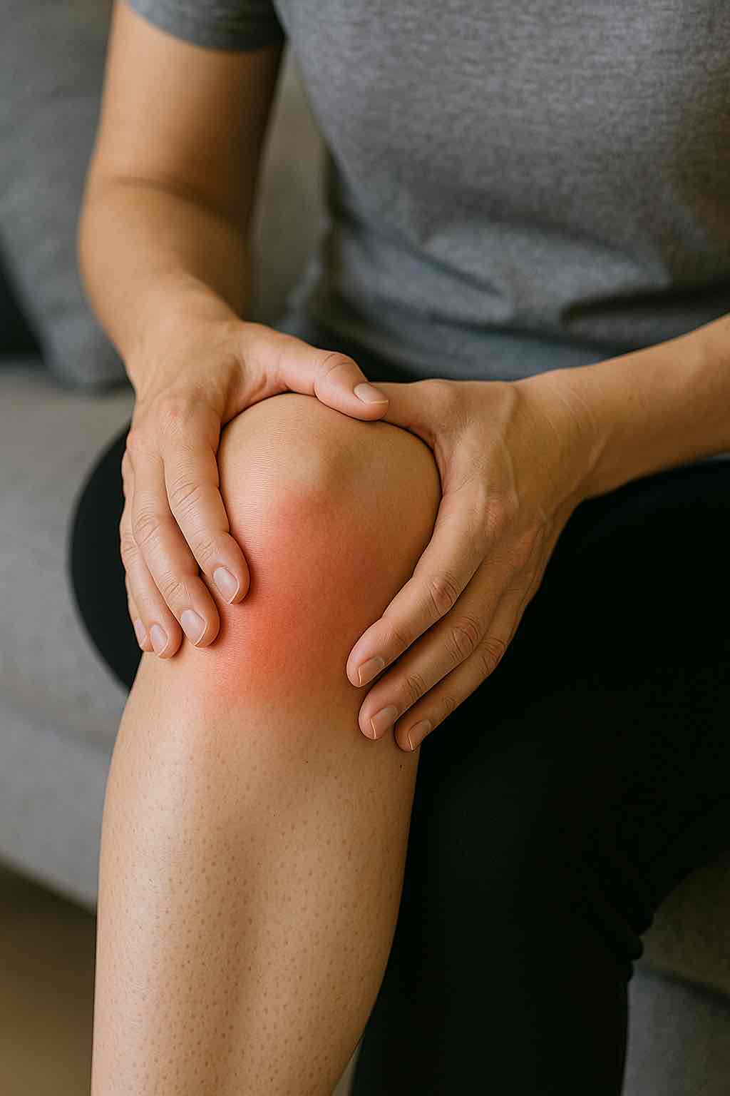 Woman holding her knee in pain while standing, close-up of the knee